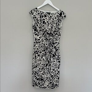 Lauren Ralph Elegant Black and White Floral Dress waist knot